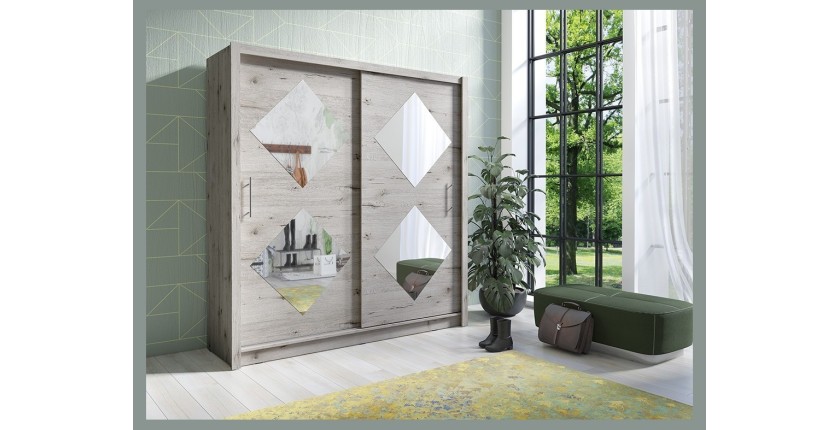 Armoire 205cm 2 portes coulissantes, coloris chêne wellington, collection OZZULA