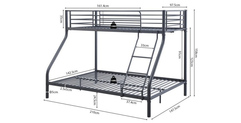 Lit en métal superposé 90x200 en haut et 140x200 en bas SAMMY, coloris gris foncé