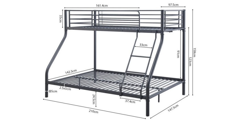 Lit en métal superposé 90x200 en haut et 140x200 en bas SAMMY, coloris gris foncé