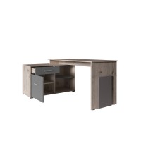 Bureau d'angle coloris chêne Wellington et gris graphite collection COMO avec 1 tiroir et 4 niches