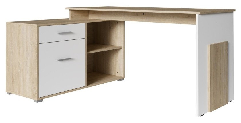 Bureau d'angle coloris chêne sonoma et blanc collection COMO avec 1 tiroir et 4 niches