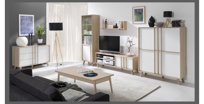 Meuble TV - HIFI de type scandinave collection MALMO. Coloris Chêne Sonoma et blanc mat.