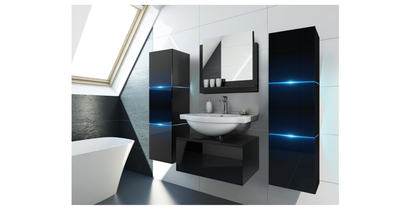 Meuble sous vasque suspendu collection OWL, coloris noir mat et brillant + plaque en verre noir, idéal pour une salle de bain