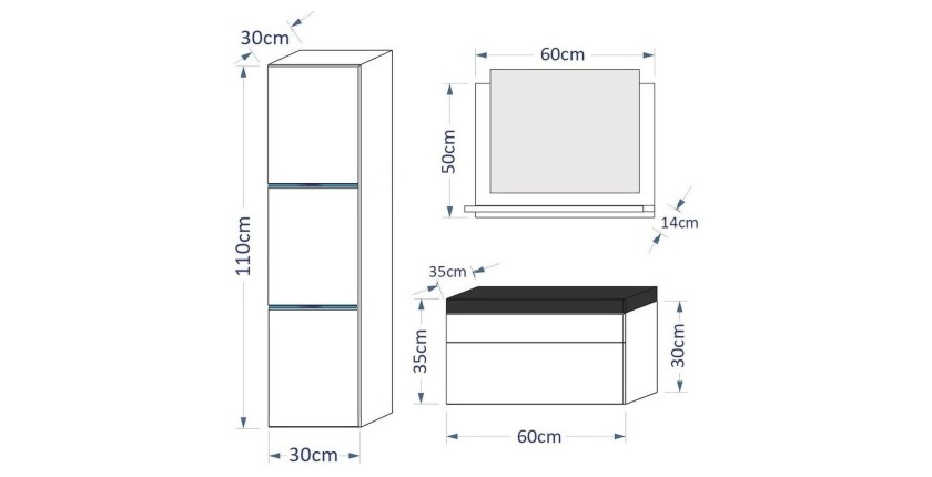 Ensemble meubles de salle de bain collection RAVEN, coloris blanc mat et brillant, avec vasque 60cm et une colonne