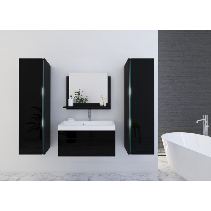 Ensemble meubles de salle de bain collection BIRD, coloris noir mat et brillant avec deux colonnes et vasque 80cm