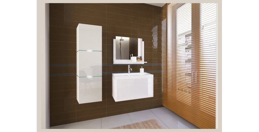 Ensemble meubles de salle de bain collection OWL, coloris blanc mat et brillant avec une colonne et vasque 60cm