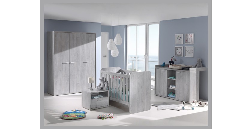 Chambre bébé ou enfant MATHEO comprenant un lit 60x120 évolutif en 90x200, une armoire, une commode à langer et un chevet.
