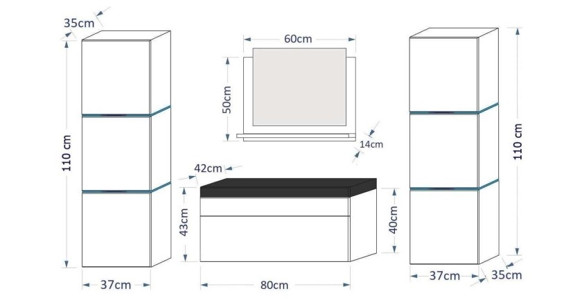 Ensemble meubles de salle de bain blanc collection OWL. 2 Colonnes, meuble sous vasque, vasque 80cm, miroir, siphon et leds.