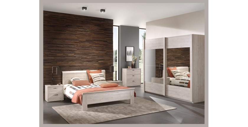 Chambre à coucher adulte collection DANY : Armoire 250cm, Lit 160x200, commode, chevets. Couleur chêne clair.