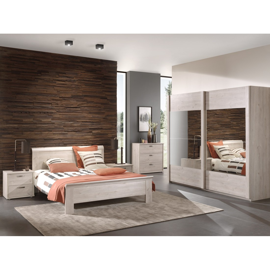 Chambre adulte collection DANY : armoire 250 cm, lit 160x200, commode, chevets, chêne clair