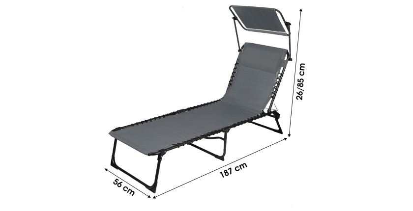 Chaise longue / bain de soleil avec pare soleil et coussin coloris gris 185x95x61cm