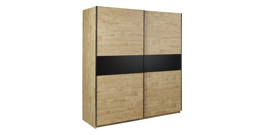 Chambre à coucher collection MORGANE : Armoire 200cm, Lit avec applique 140x200, commode, chevets. Couleur chêne doré et noir.