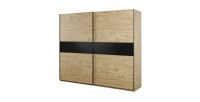 Chambre à coucher collection MORGANE : Armoire 250cm, Lit avec applique 140x200, commode, chevets. Couleur chêne doré et noir.