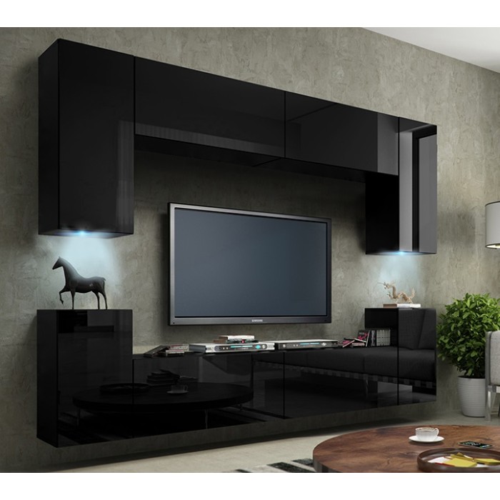 Ensemble de meubles de salon noir suspendus collection CEPTO 240cm, 8 portes, 6 étagères, leds