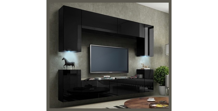 Ensemble de meubles de salon noir suspendus collection CEPTO 256cm, 8 portes, 6 étagères, leds, modulables.