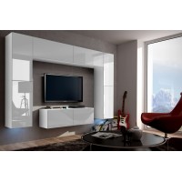 Ensemble de meubles de salon blanc suspendus collection CEPTO 256cm, 8 portes, 8 étagères, leds, modulables.