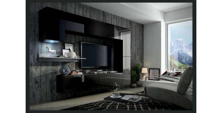 Ensemble de meubles de salon noir suspendus collection CEPTO 256cm, 7 portes, étagère murale blanche, leds, modulables.