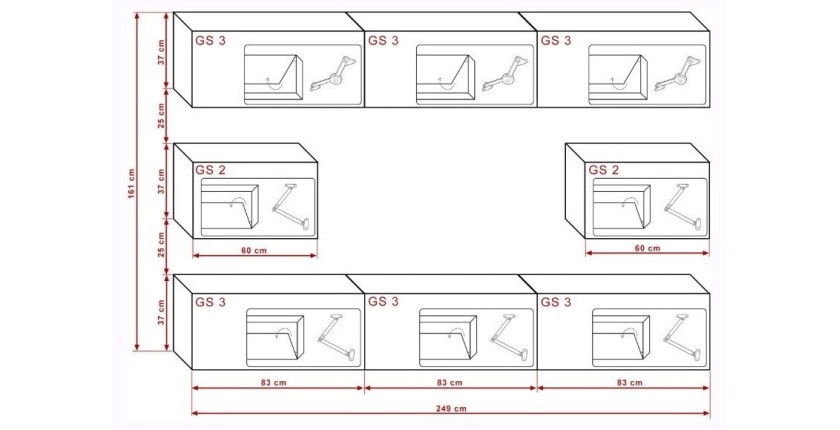 Ensemble de meubles de salon noir et blanc suspendus collection CEPTO 249cm, 8 portes, modulables. Milieu coloris blanc