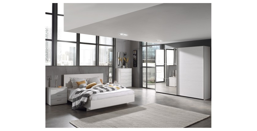 Armoire 250cm pour chambre à coucher avec 2 portes coulissantes dont une avec miroir collection OLGA coloris blanc effet bois
