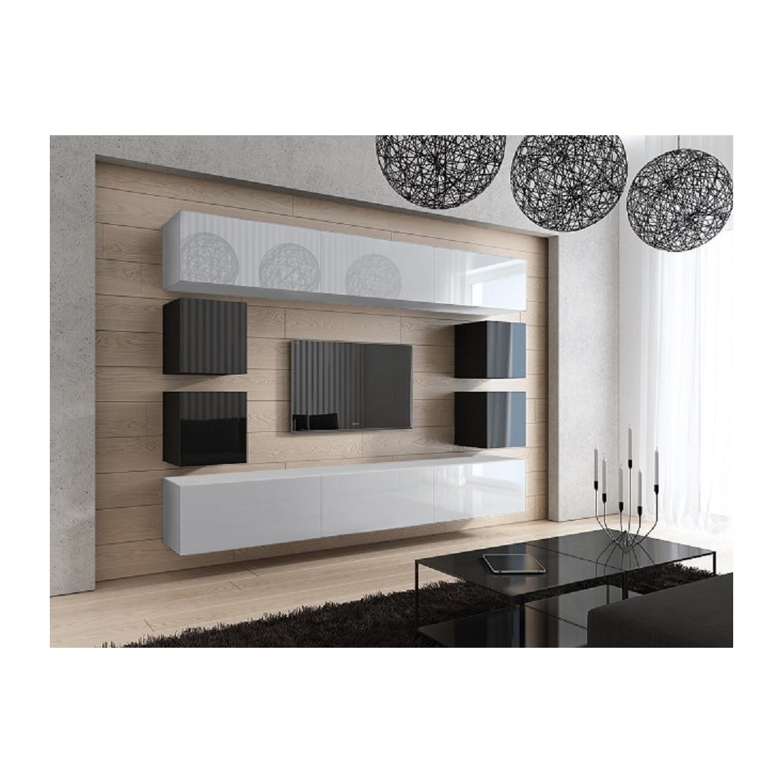 Ensemble de meubles de salon blanc et noir suspendus collection CEPTO XVII 249cm, 10 meubles, leds, modulables.