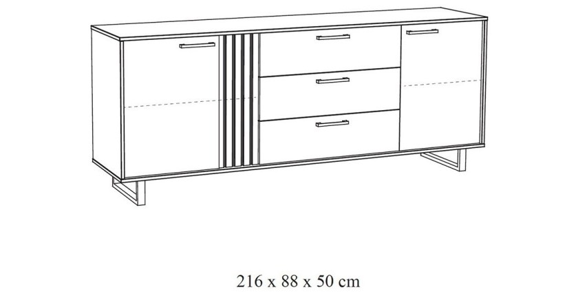 Buffet design 220cm avec 2 portes et 3 tiroirs pour salon couleur chêne clair collection LOFT pieds en métal