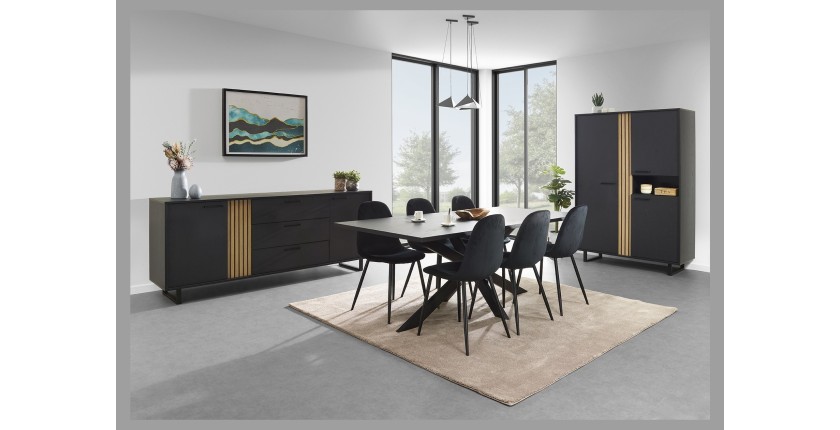 Buffet design 220cm avec 2 portes et 3 tiroirs pour salon couleur noir et chêne collection LOFT pieds en métal