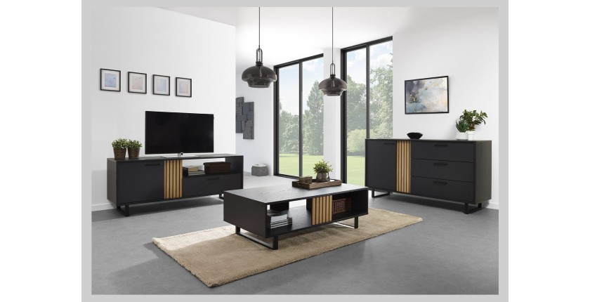 Meuble TV 165cm coloris noir et chêne avec 2 portes et 1 niche collection LOFT. Pieds en métal