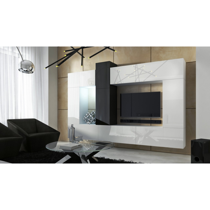 Ensemble de meubles de salon blanc et noir suspendus collection CEPTO XXII. 273cm, 10 meubles, leds, modulables.
