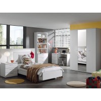 Chambre enfant, ado robuste collection OLGA. un lit, une armoire, un bureau, une commode, et un chevet coloris blanc effet bois.