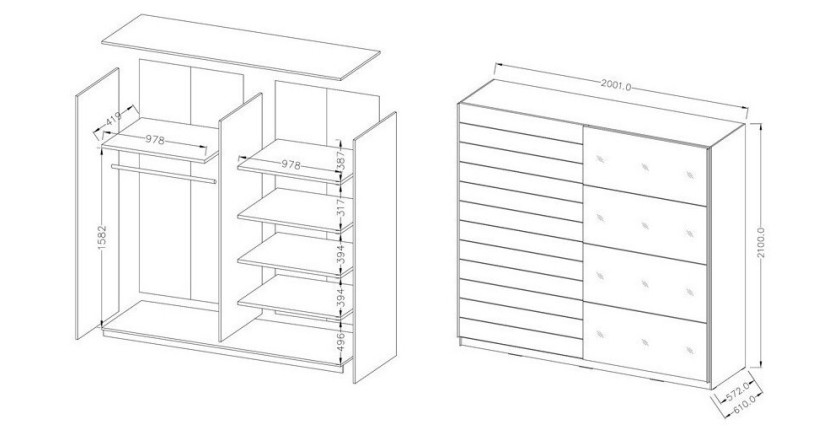 Armoire 2 portes coulissantes 200cm Coloris blanc avec miroir. Collection FLOYD