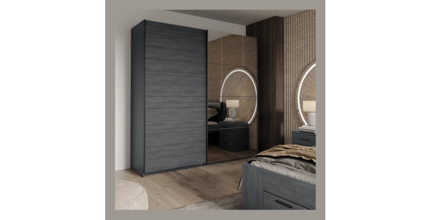 Armoire 2 portes coulissantes 200cm Coloris gris effet bois avec miroir. Collection FLOYD