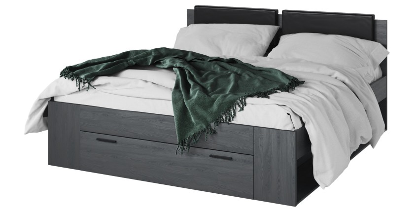 Chambre à coucher FLOYD : Armoire 220cm, Lit 180x200, commode, chevets. Coloris gris effet bois.