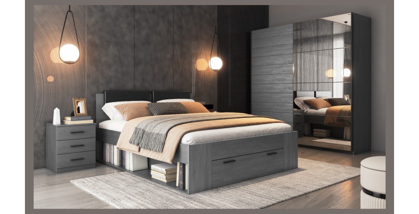 Chambre à coucher FLOYD : Armoire 220cm, Lit 180x200, commode, chevets. Coloris gris effet bois.