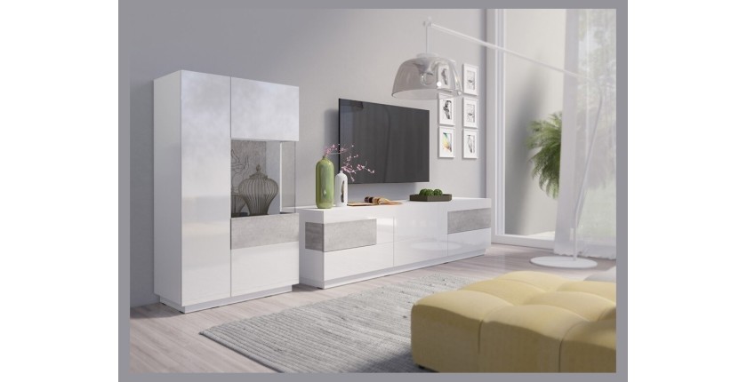 Meuble TV XL 200cm collection KILES. Coloris blanc et gris. Style design.