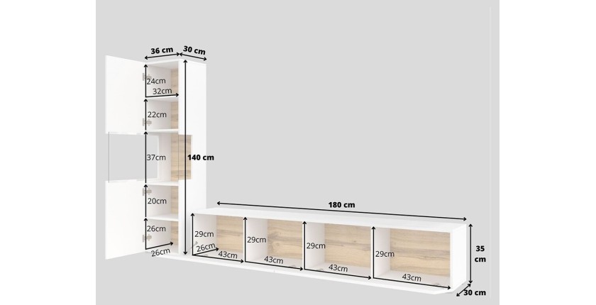 Ensemble meuble TV et vitrine collection EVA. Couleur blanc et chêne.