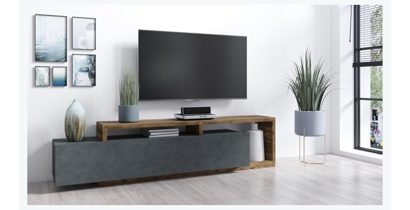 Meuble TV 220cm collection BERGAME. Coloris gris et chêne foncé.