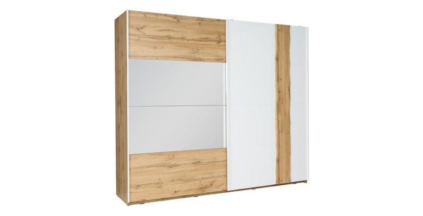 Armoire 250 cm WOOD 2 portes coulissantes avec miroir coloris chêne et blanc