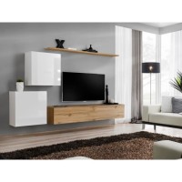 Ensemble meuble salon SWITCH V design, coloris chêne Wotan et blanc brillant.