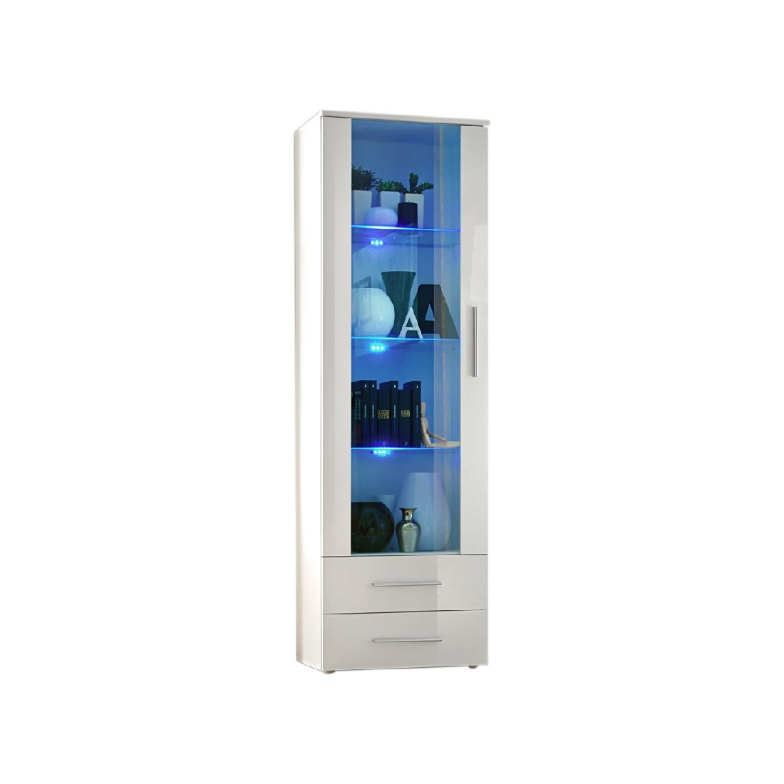 Vitrine design collection NEO. Façades blanches brillantes + LED. Meuble moderne et tendance pour votre salon.