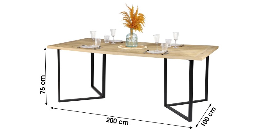 Table à manger style design coloris chêne clair avec pied en métal noir dimensions 200x100xH75cm