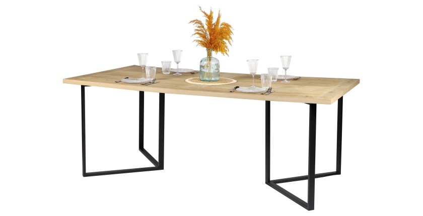 Table à manger style design coloris chêne clair avec pied en métal noir dimensions 200x100xH75cm