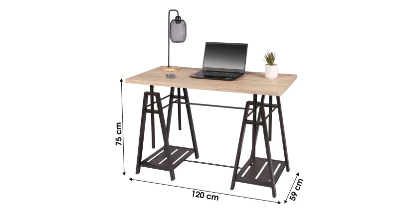 Bureau style contemporain design architecte coloris chêne clair dimensions 120x59x75cm