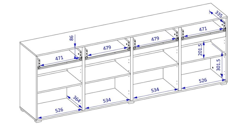 Buffet XL coloris vert sauge 225cm collection HAVANA. Bahut  design avec 4 portes et 4 tiroirs.