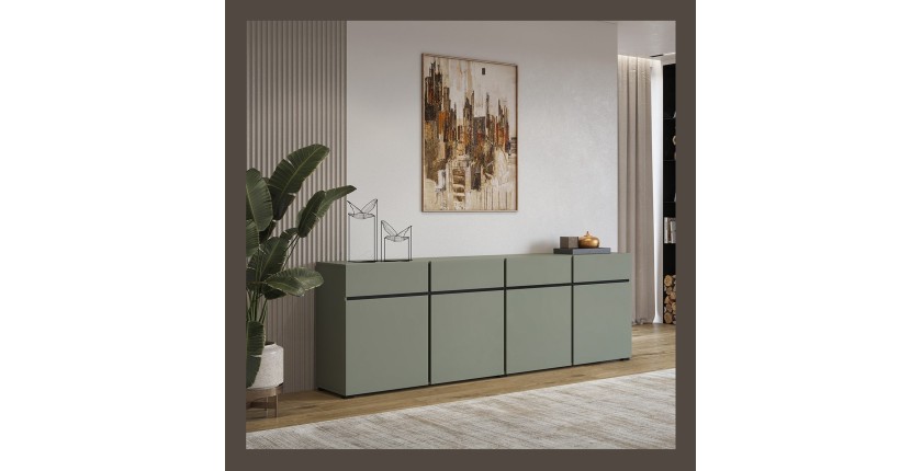 Buffet XL coloris vert sauge 225cm collection HAVANA. Bahut  design avec 4 portes et 4 tiroirs.