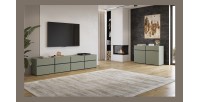 Meuble TV XL coloris vert sauge et noir 225cm collection HAVANA. Meuble design avec 4 portes et 4 tiroirs.