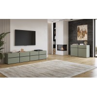 Meuble TV XL coloris vert sauge et noir 225cm collection HAVANA. Meuble design avec 4 portes et 4 tiroirs.