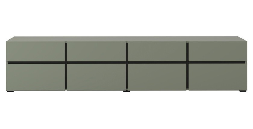 Meuble TV XL coloris vert sauge et noir 225cm collection HAVANA. Meuble design avec 4 portes et 4 tiroirs.