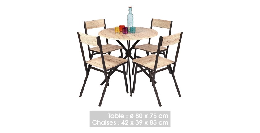 Table à manger ronde avec 4 chaises - 80x80xH75cm - Couleur chêne