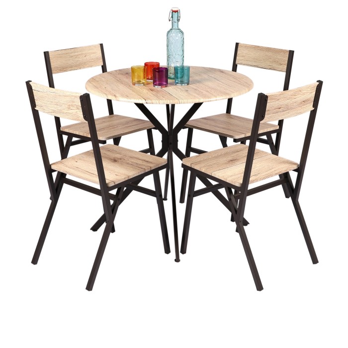 Table à manger ronde avec 4 chaises - 80x80xH75cm - Couleur chêne