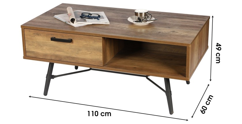 Table basse coloris chêne foncé. Pieds en métal noir, dimensions 60x49x110cm